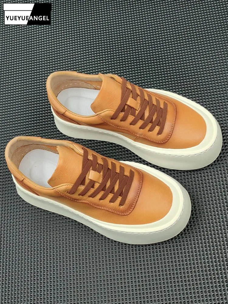 

Men Cowhide Leather Casual Shoes Thick Platform Lace-up Shoes Low Cut Footwear Round Toe Autumn Fashion Daily Hot Sale Sneakers