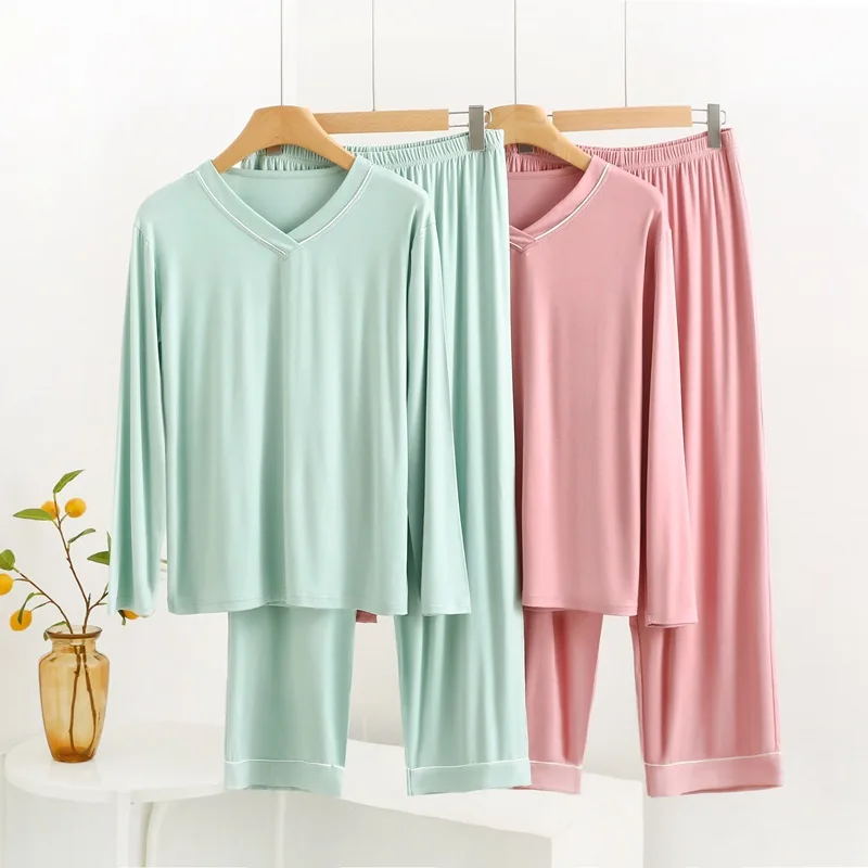 

2-Piece Spring Modal Cotton Home Service Loose Casual Wide-leg Pants Women's Pajamas Sets Sleepwear Autumn