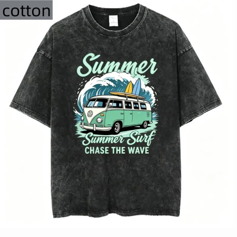 Chase The Wave Summer Surf Graphic T Shirt Women Retro Camper Van Print Tee Harajuku Streetwear Style Casual Fashionable Top