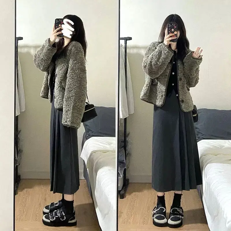 2024 New Autumn/Winter Wear Korean Sweetness, Elegant Style, High Grade Coat and Skirt, Two Piece Women's Set