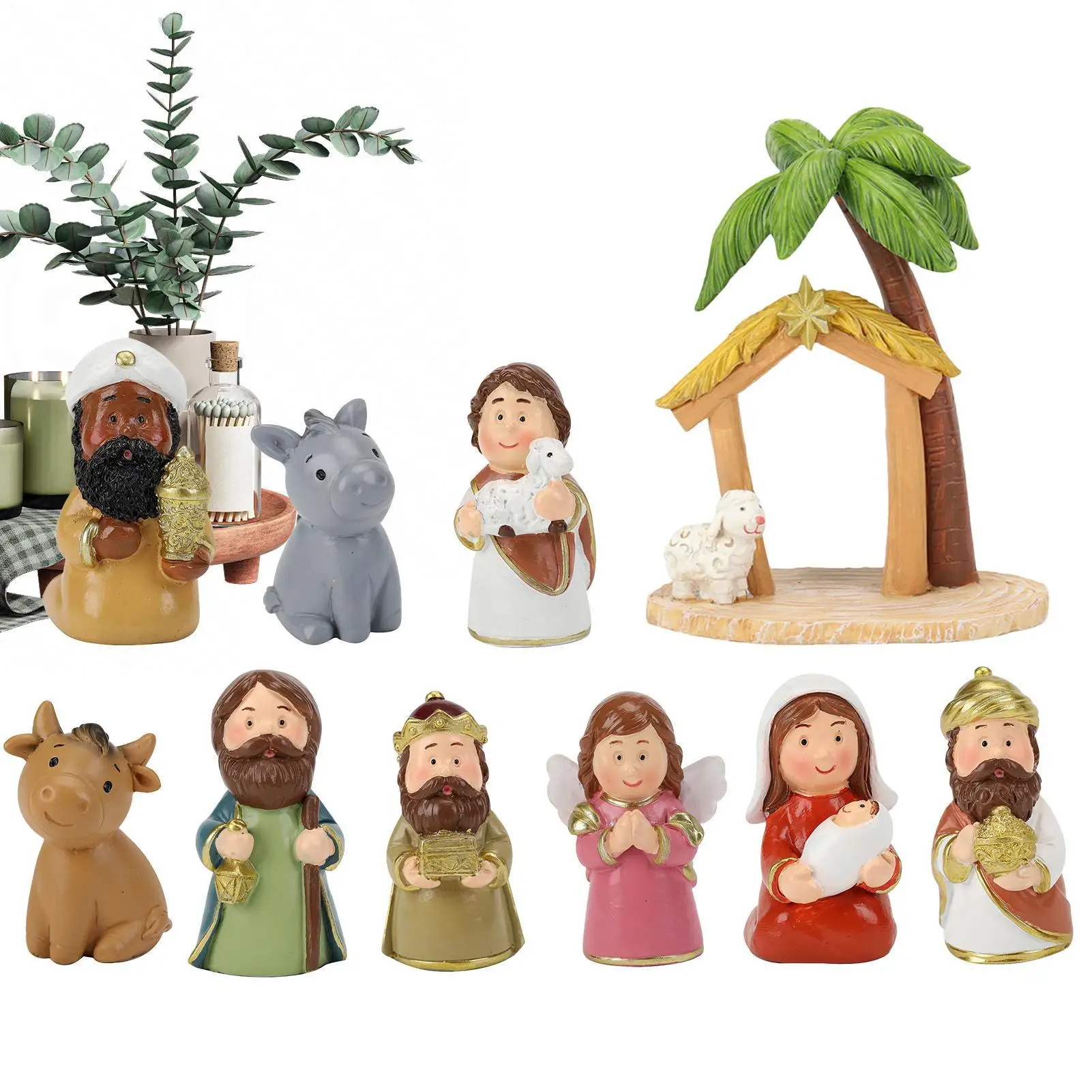 10pcs Christmas Nativity Scene Ornament Resin Christan Jesus Sculpture Cartoon Coconut Tree Horse Trough Jesus Nativity Figure