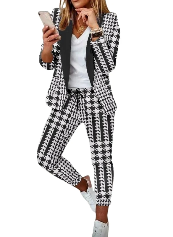 Blazer elegante de manga comprida com estampa Houndstooth feminino, conjunto de calças de trabalho com cordão, outfits fashion, outono, 2 peças, 2023