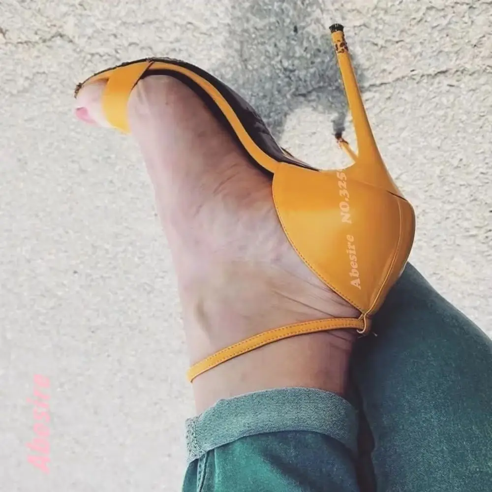 Glossy Runway Shoes Sexy Solid Side Air Pumps One Strap Buckled Thin Heels Women's Sandals Yellow Ankle Strap Stiletto Sandals