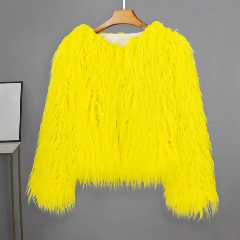 

Women Winter Coat Solid Color Invisible Buckle Faux Fur Cardigan Thick Warm Long Sleeves Fuzzy Elegant Prom Coat