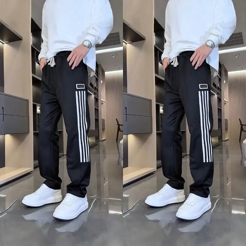 

Мужские повседневные свободные брюки прямого кроя с высокой талией, утягивающие, с завышенной талией, осенне-зимние, новые, модные, в полоску