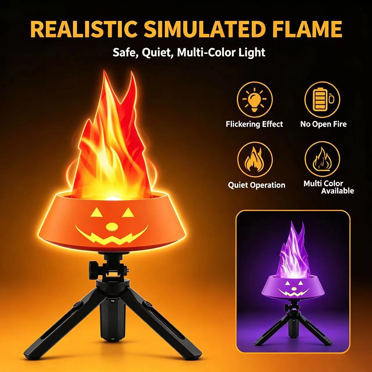 Halloween Pumpkin Simulated Flame Lamp Rechargeable LED Flickering Light Tabletop & Hanging Party Decor