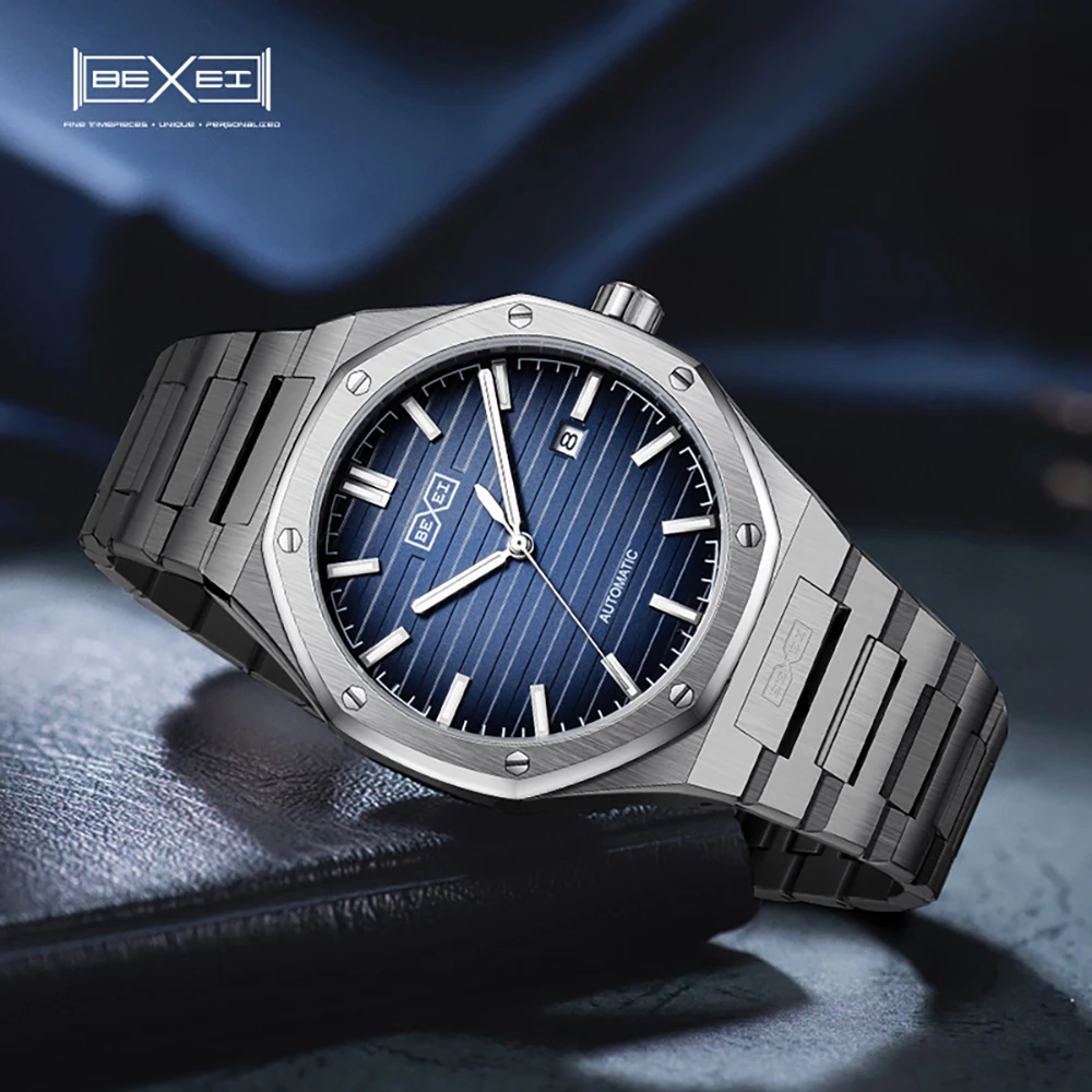 BEXEI 9093 Automatic mechanical watch for man synthetic sapphire Gradient dial Classic octagonal design waterproof  Reserve 80H