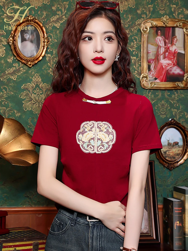 H Han Queen 2024 Summer Clothes Short Sleeve Office Vintage Tops Chic Korean Blouses Women Simple Basics Casual Vintage T-Shirts