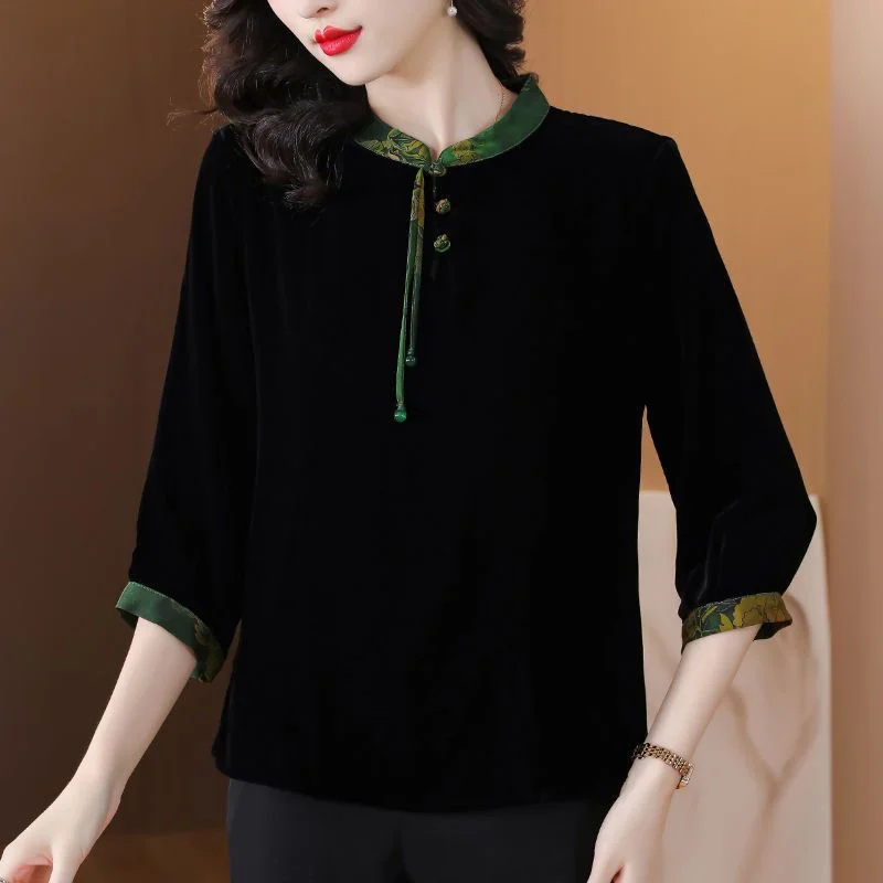 

New Retro Velvet Top for Women's Mother's Chinese Style Folding Tassels 7-quarter Sleeve T-shirt
