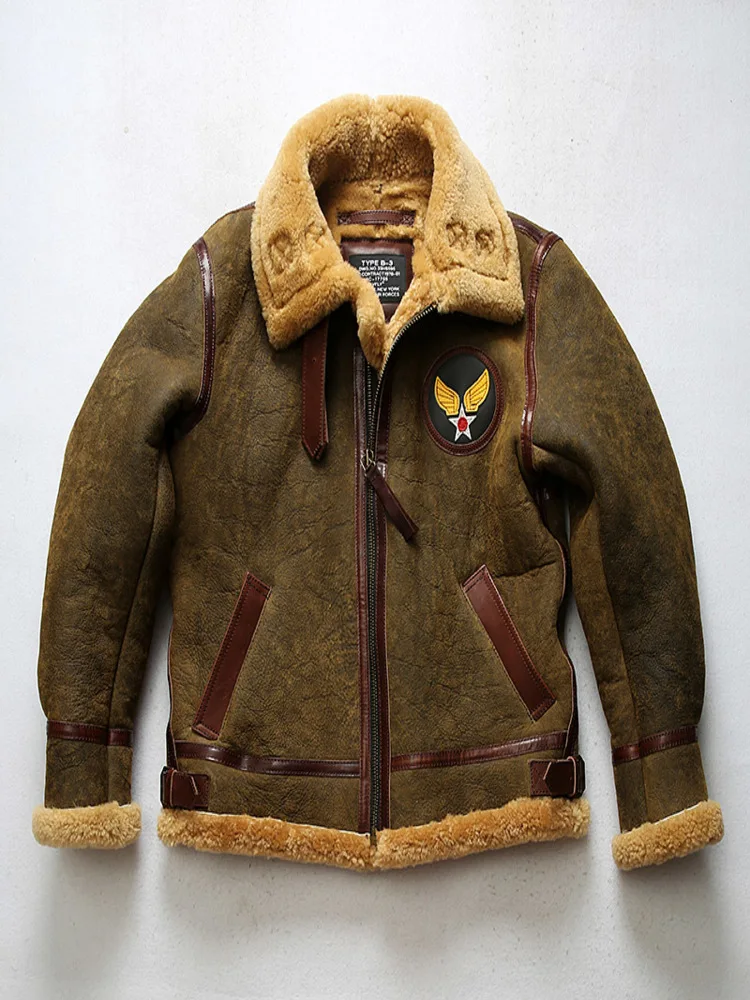 

European High Quality Super Warm Genuine Sheep Leather Jacket Mens Big Size B3 Shearling Bomber Military Pilot Fur Coat