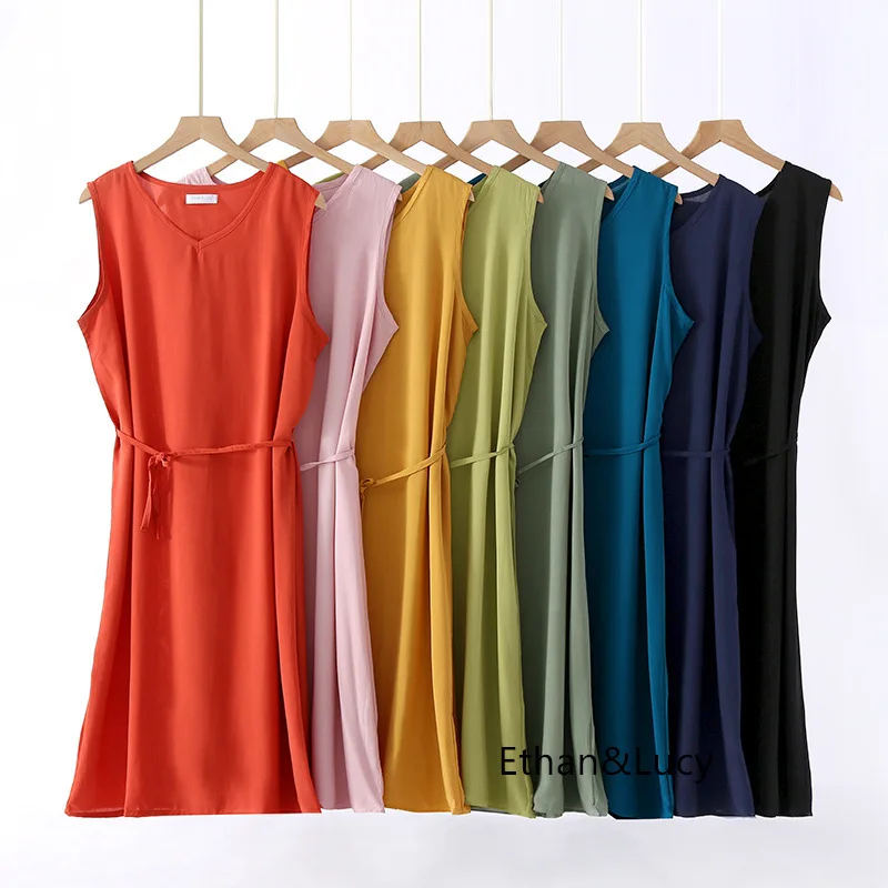 Summer Ladies Cotton-silk Sexy Nightwear V-neck Waist Rope Sleeveless Vest Leisure Home Dress Viscose Solid Vintage Nightgowns