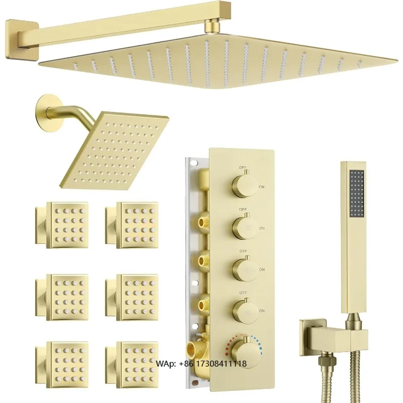 

Thermostatic double shower system 6 body nozzles 6 inches 16 inches rain shower modern design wall mounted brushed gold faucet