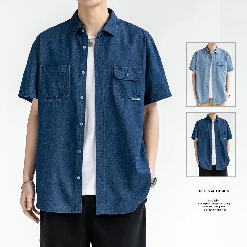 New 2023 Summer Blue Denim Shirt Men Oversized Short Sleeve Jean High Quality Casual Fashion Cotton Light Wear Loose Plus Size