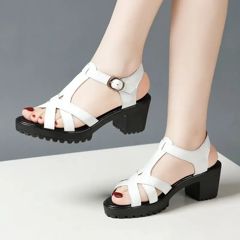 6 8 10cm tamanho pequeno 32-43 elegante sapatos de plataforma de couro genuíno 2025 verão feminino bloco de salto alto sandálias gladiador escritório