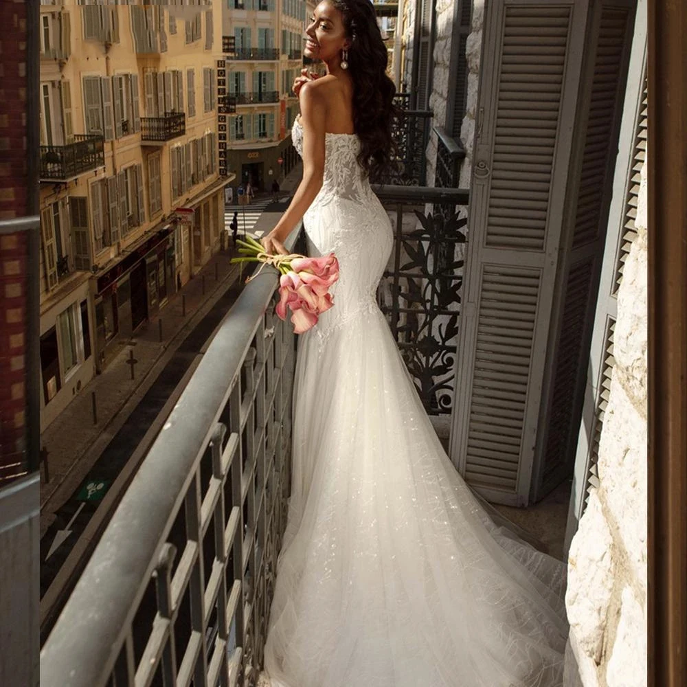 Vestidos De Novia De sirena De lujo para Novia, vestido De Novia Vintage De tul brillante, tren De barrido, Túnica De Novia, 2023