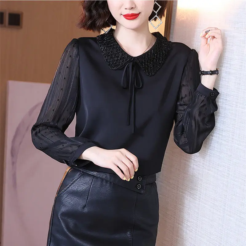 Spring Summer Fashion Black Mesh Long Sleeve Chiffon Shirt Aesthetic Urban Office Wear 2022 Korean Women Elegant Pullover Blouse