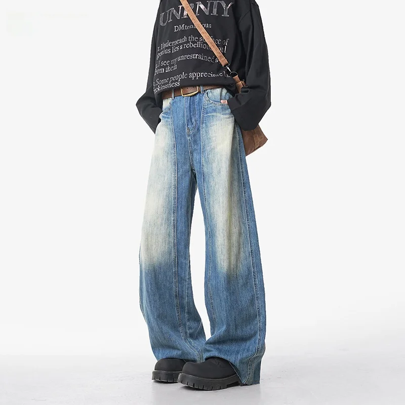 

ProteusBoy American Retro Waed Outdoor Casual Straight Leg Wide Leg Flat Waist Jeans Youth Trendy Cotton Polyester Blend