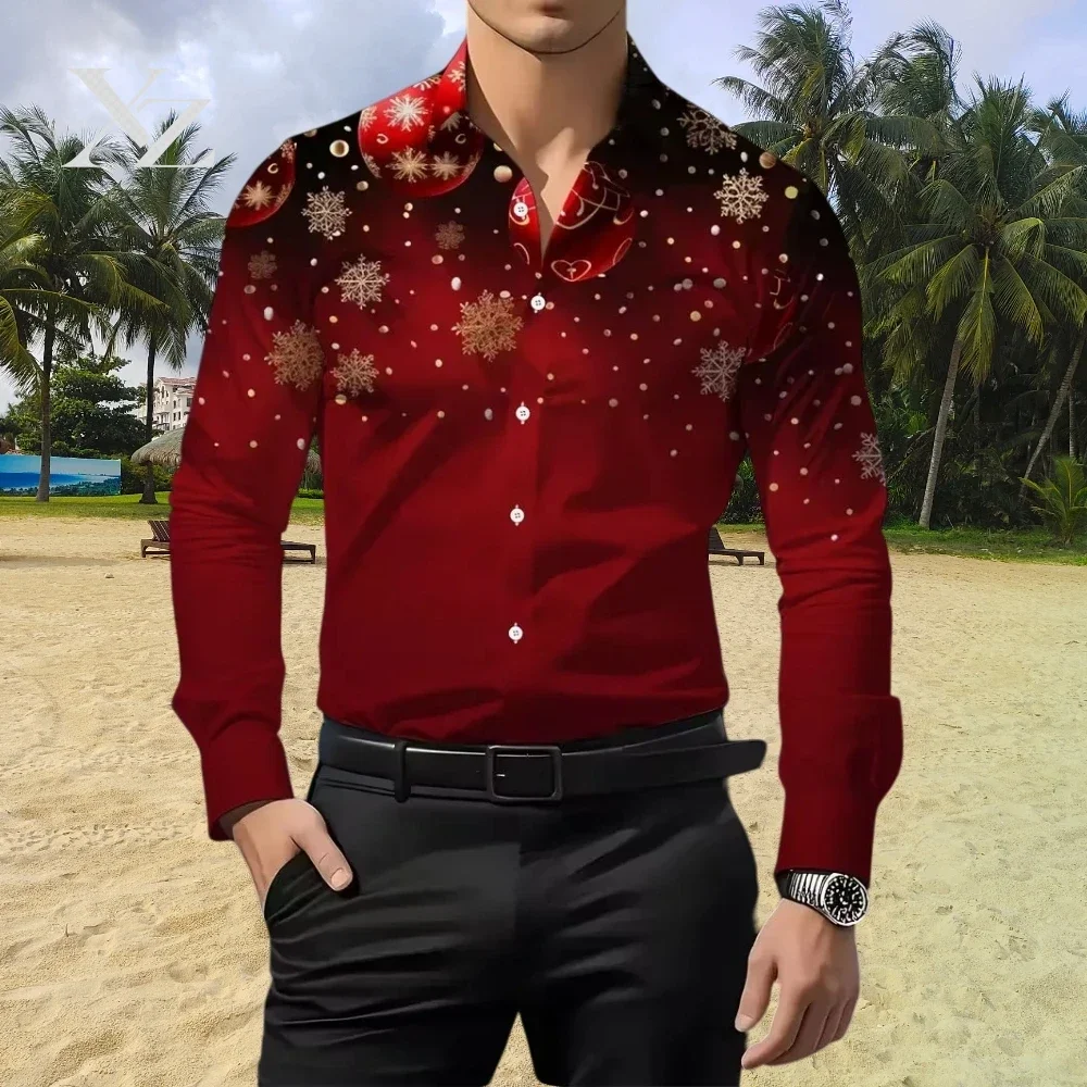 2026 New Christmas Men's Snowflake Tie Print Shirt Button Long Sleeve Festival Autumn and Winter Lapel Shirt Fast Shipping