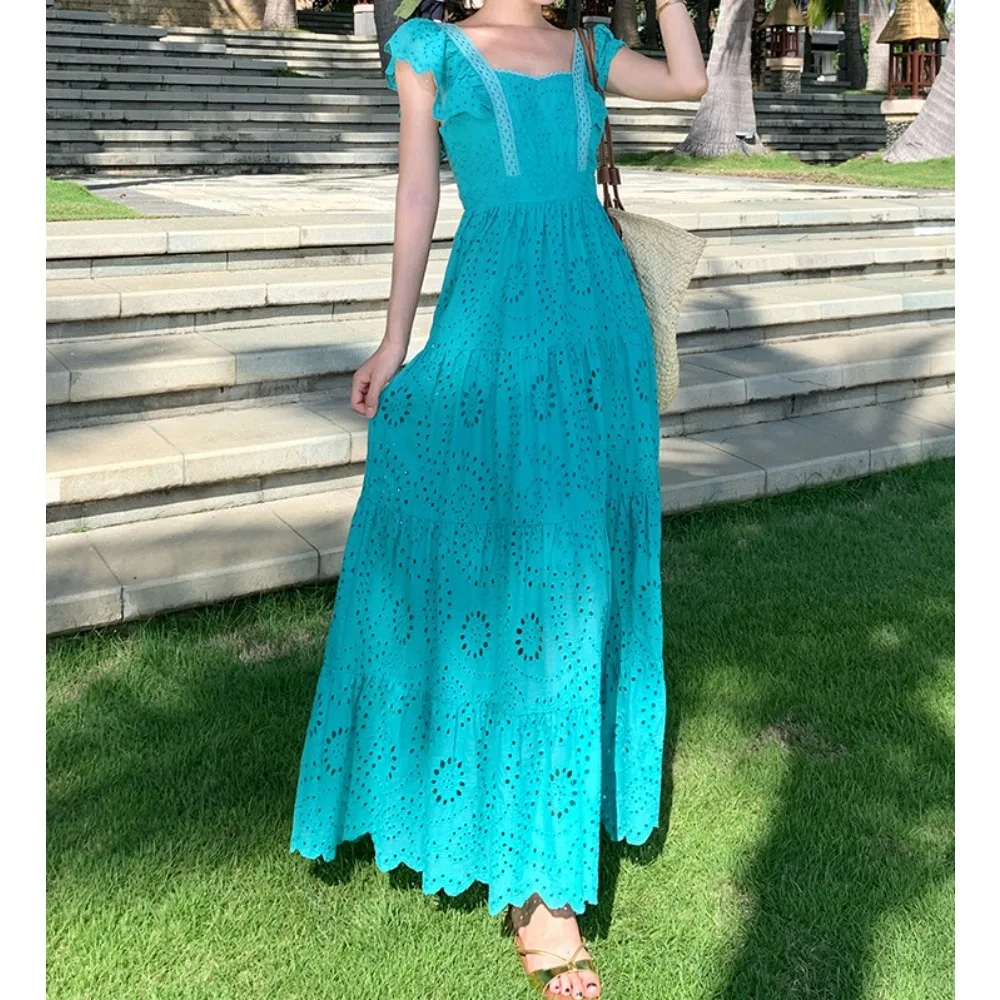 Elegant Square Collar Vintage Hollow Out Embroidered Flying Sleeves Slim Fairy Long Dresses French Vacation High Street Clothing