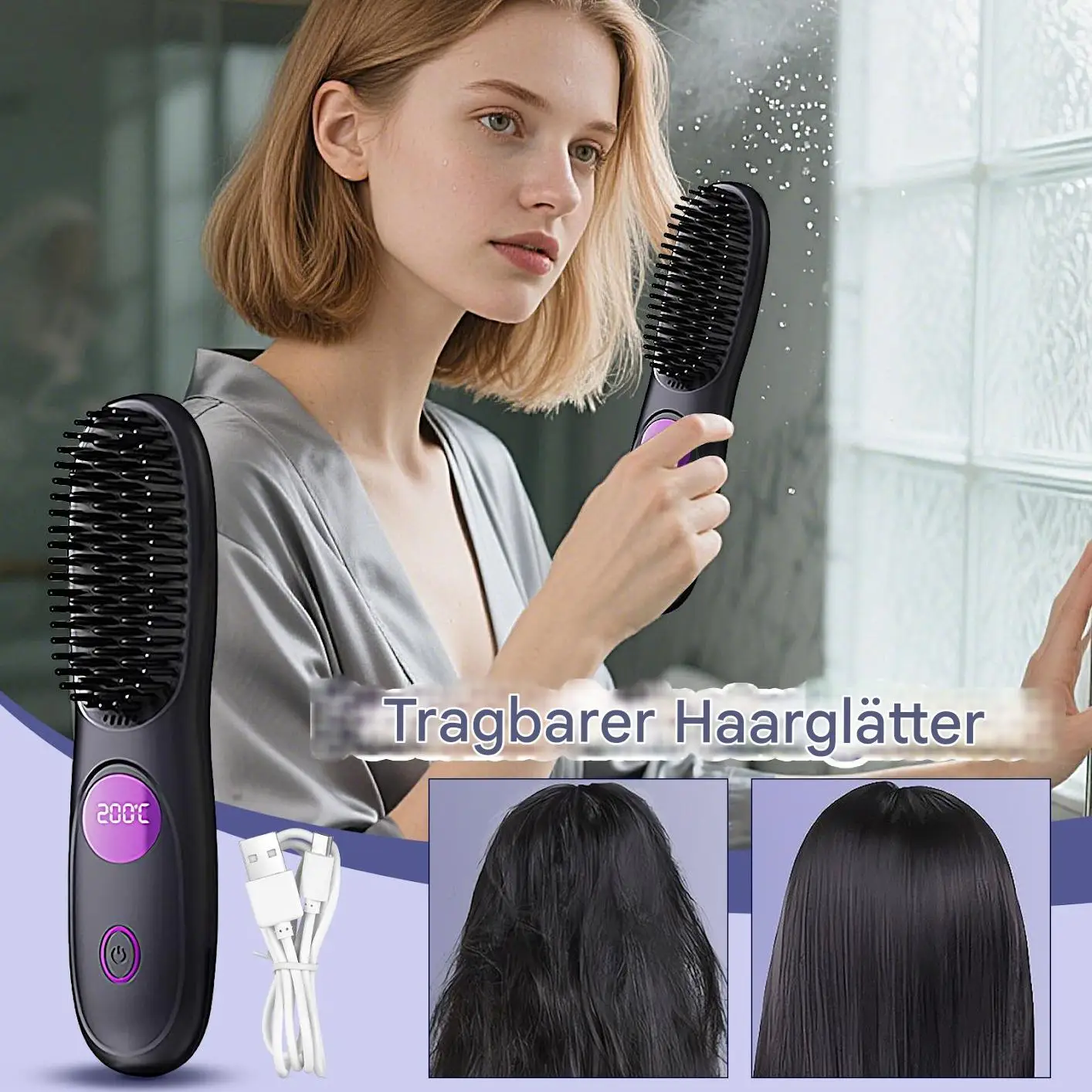 

Portable Hair Straightener Portable Cordless Hot Hair Straightening Brush 3 Level Rechargeable Heating Comb for Daily Road Trip
