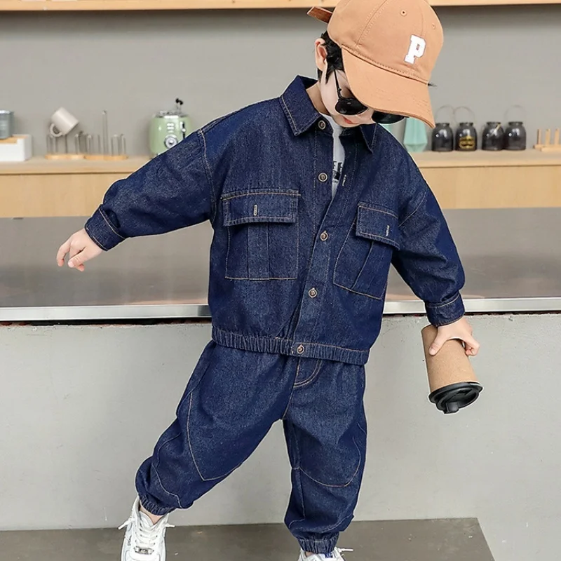2025 Primavera Autunno Ragazzi Abiti in denim Bambini Colletto rovesciato Tinta unita Maniche lunghe Cappotto da cowboy + Pantaloni jeans Abito a due pezzi