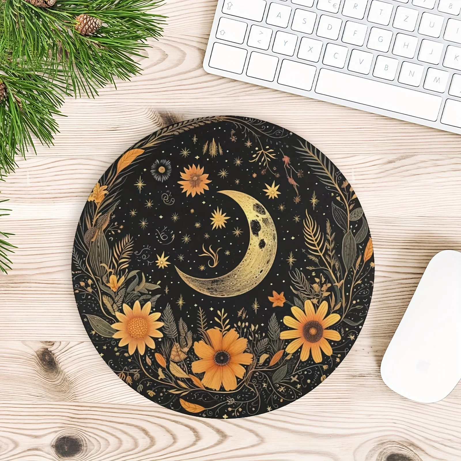 Moon Round Mouse Mat Cute Mouse Pad Non-Slip Rubber Base Mousepad Small Desk Accessories Office Rug Computer Desk Mat Rug