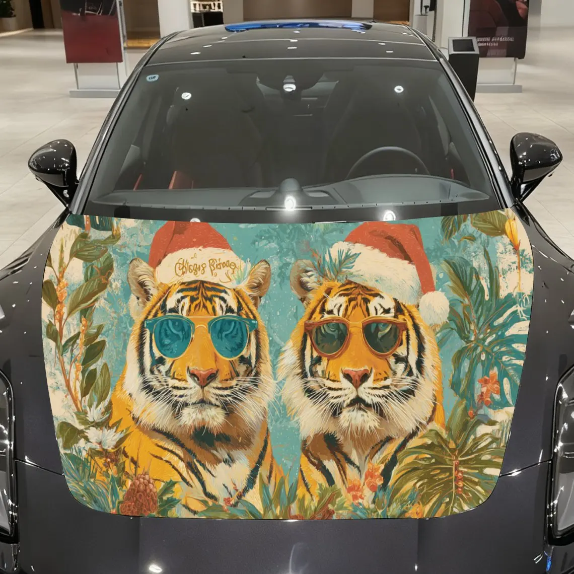 

Colorful Christmas Tiger Pair with Sunglasses Car Hood Decal, Waterproof Self-adhesive Vehicle Vinyl Wraps Sticker, Cool Auto Co