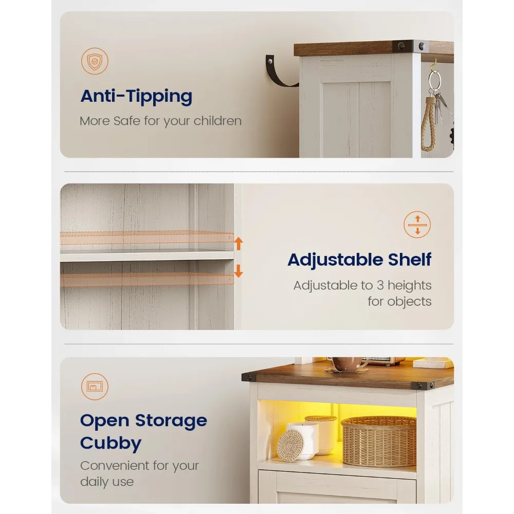 โต๊ะข้างเตียงพร้อมที่ชาร์จ 2 ลิ้นชัก ชั้นวางหนังสือ LED สีขาว โต๊ะข้างเตียง 6 ฟังก์ชั่น