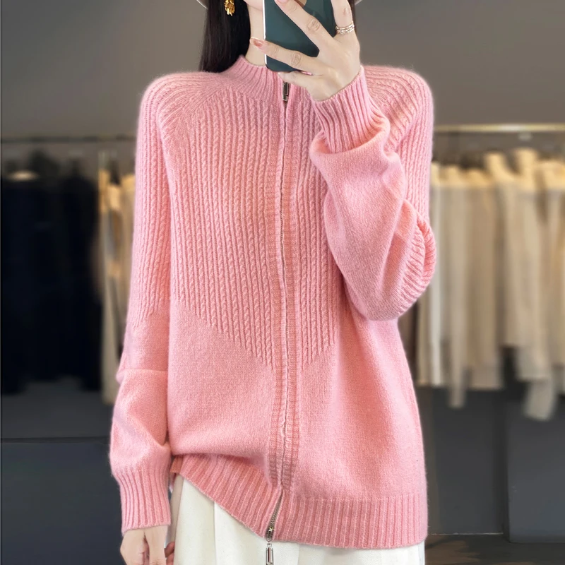 

Свободный шерстяной вязаный кардиган с двойной молнией и воротником-стойкой, модный женский свитер на осень-зиму, универсальный пальто с открытым передом