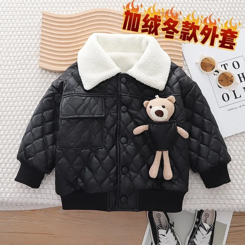 Lambskin Boys Jacket Autumn Winter Fleece-Lined Thick Warm Waterproof Coats 3D Bear Design Fur Collar Cotton Outwear For 1-6Y