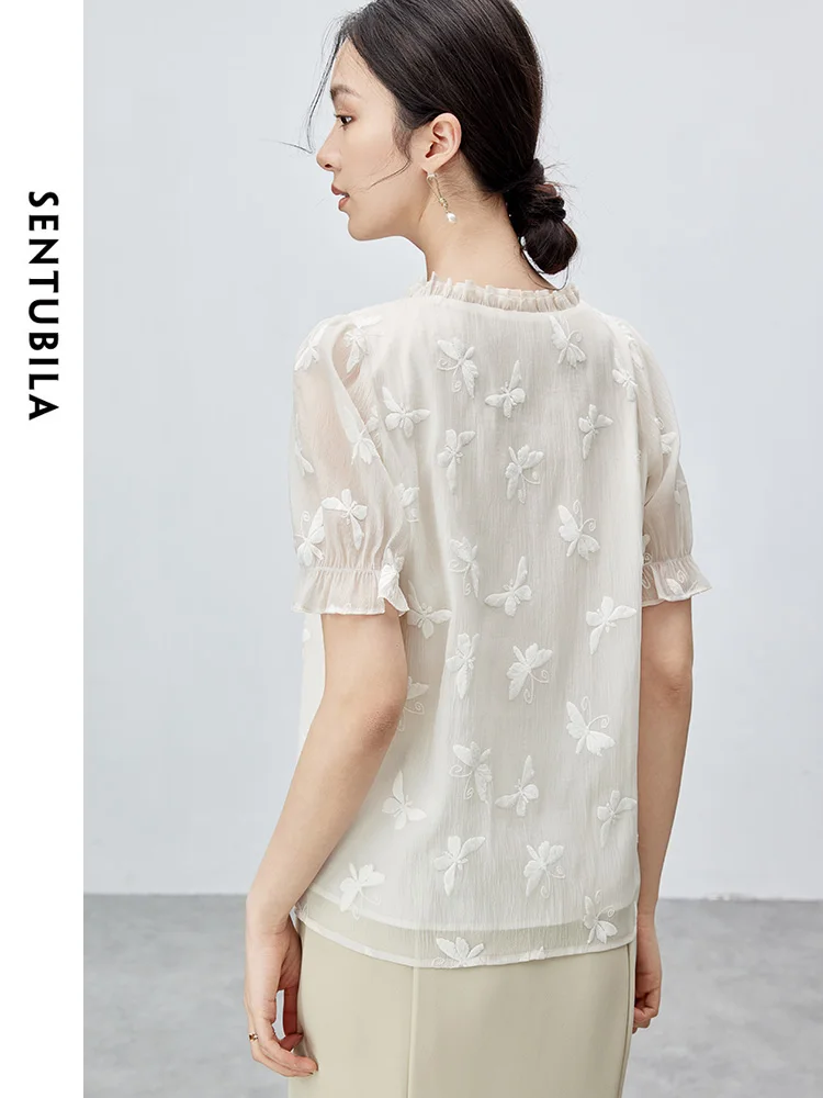 SENTUBILA Bufferfly Embroidery Summer Shirt for Women 2024 Elegant V-neck Puff Sleeve Lightweight Womens Tops Clothing 142C54975