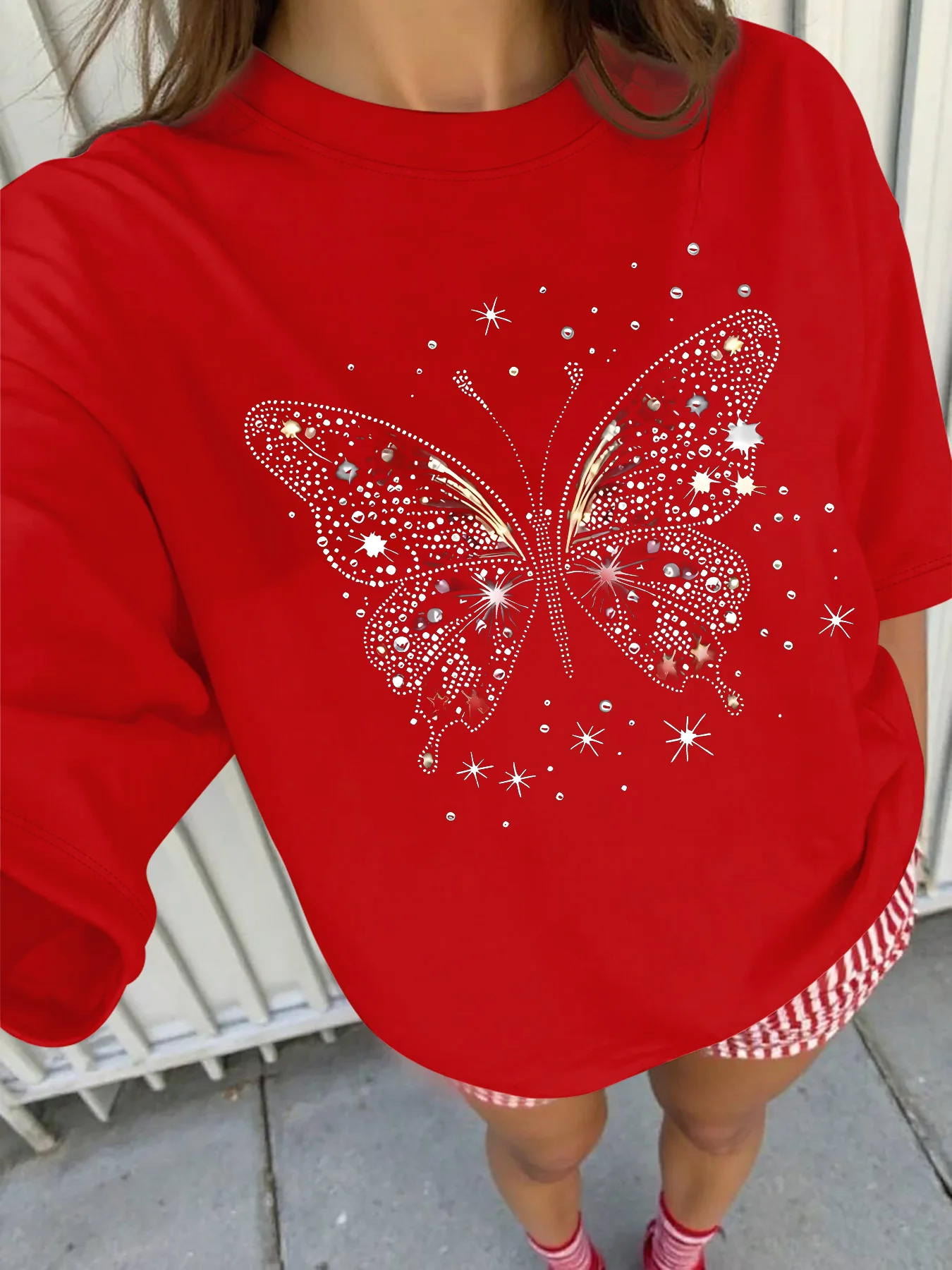 Plus - Size Rhinestone Butterfly Graphic Tee, Six Colour Short - Sleeve