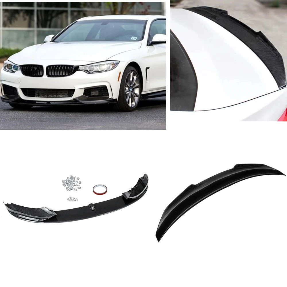 

For BMW F32 F33 F36 4 Series M Sport 2014-2020 Coupe 2-Door Carbon Look Front Bumper Splitter Lip+PSM Rear Trunk Spoiler Wing