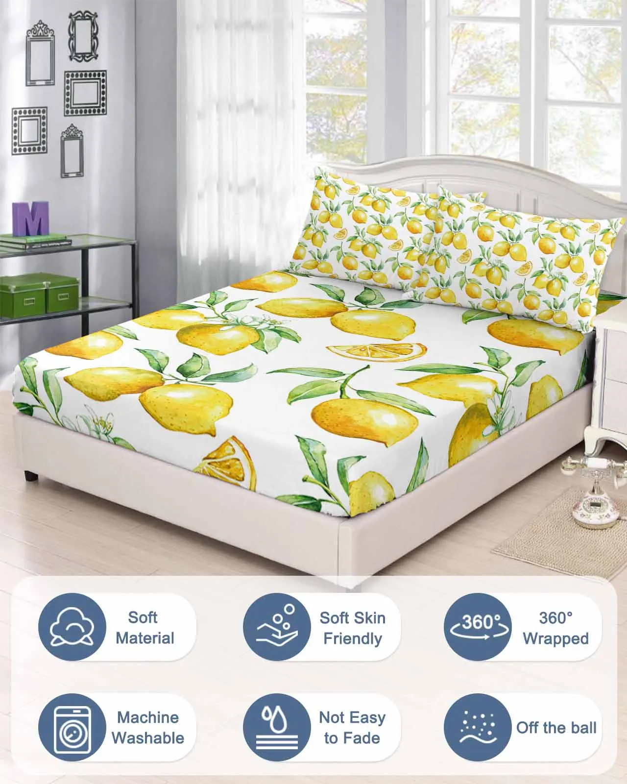 Watercolor Lemon Fruit Fitted Bed Sheet Cover Elastic Band Anti-slip Mattress Protector for Single Double King