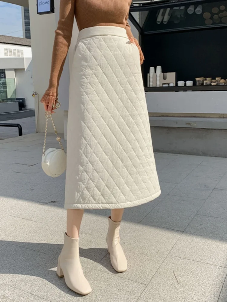 

Thick Cotton Midi Skirt For Women's New Winter Korean Version High Waisted A-line Skirt With Pockets Warmth Umbrella Skirt