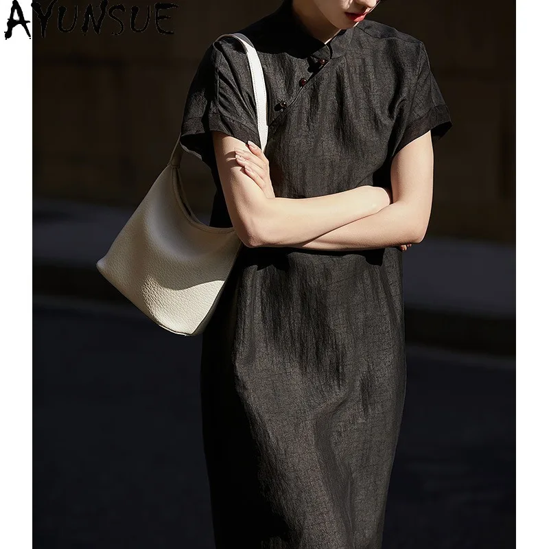 AYUNSUE High-end Xiangyunsha Silk Dress New Chinese Style Turtle Crack Pattern Black Dresses Elegant Woman Clothes Ropa Mujer