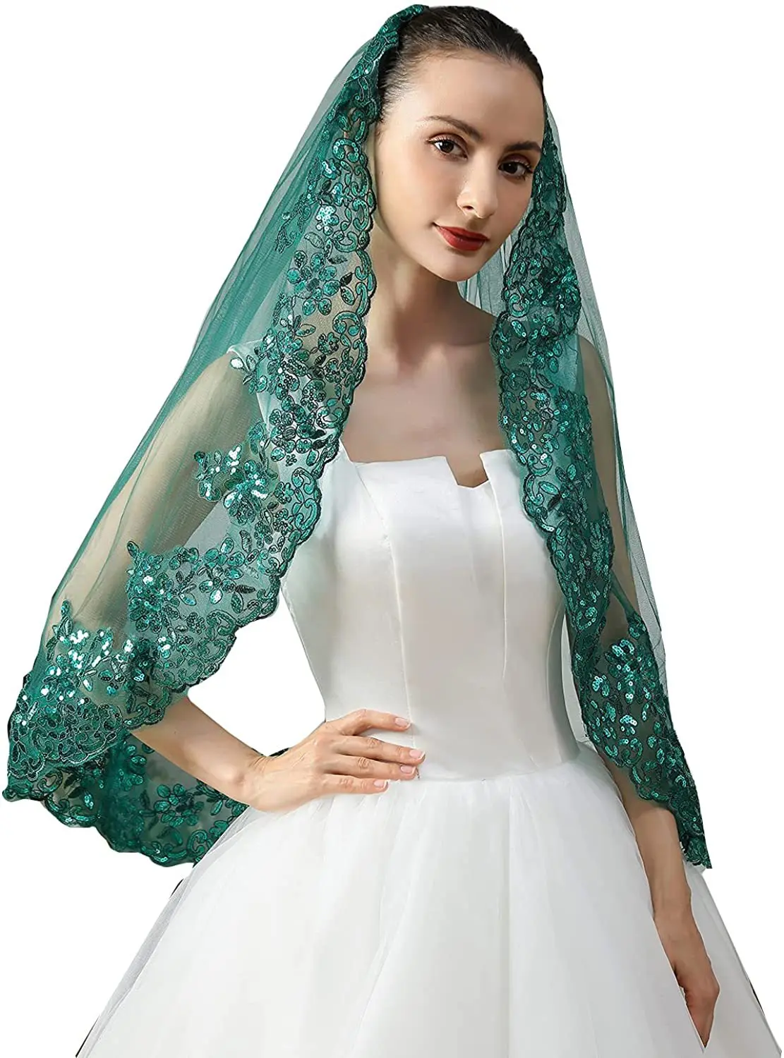 Green Mid-Length Lace Sequins Edge  Wedding Veil with Comb One Layer Bride  Muslim Bridal Veils Veu de Noiva