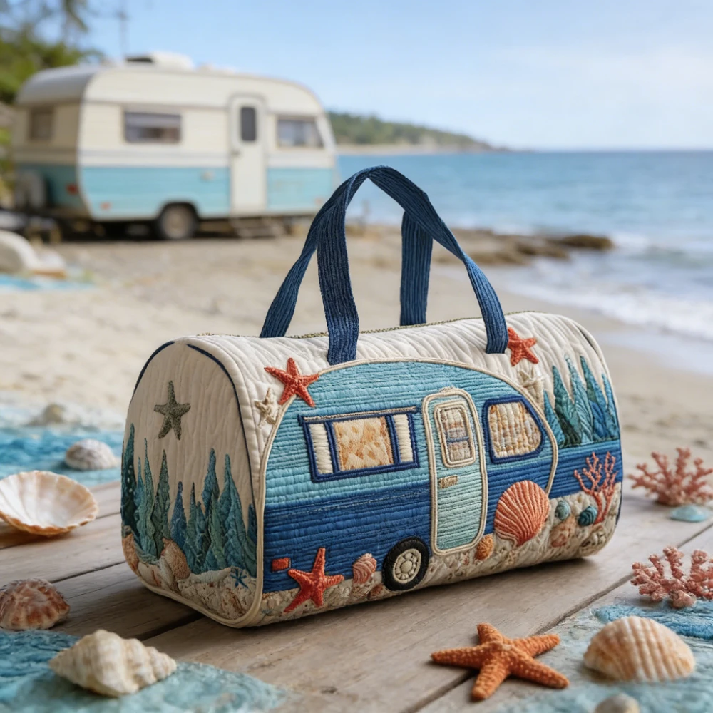 

Легкая дорожная сумка-дафл для путешествий и отпуска с 3D-печатью, дизайном кемпера и морскими мотивами (ракушками, морскими звездами)