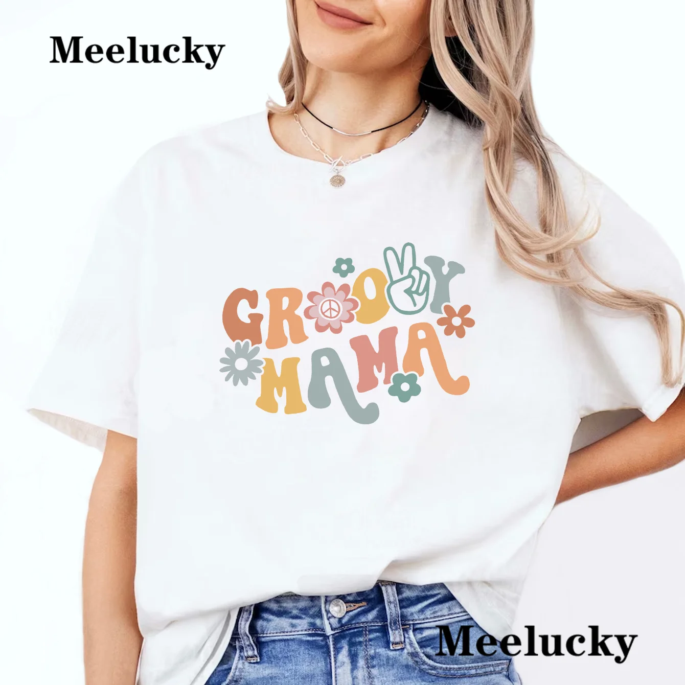 Groovy Mama เสื้อยืดลายหมีน่ารักสำหรับผู้หญิง, เสื้อยืดทรงหลวมแขนสั้นผ้าคอตตอนสวมใส่สบายสำหรับฤดูร้อน