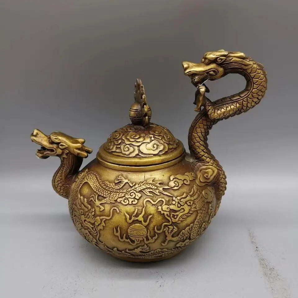 Antique bronze collection dragon pot teapot kettle wrapped pulp embellish home tea ceremony handicraft ornaments