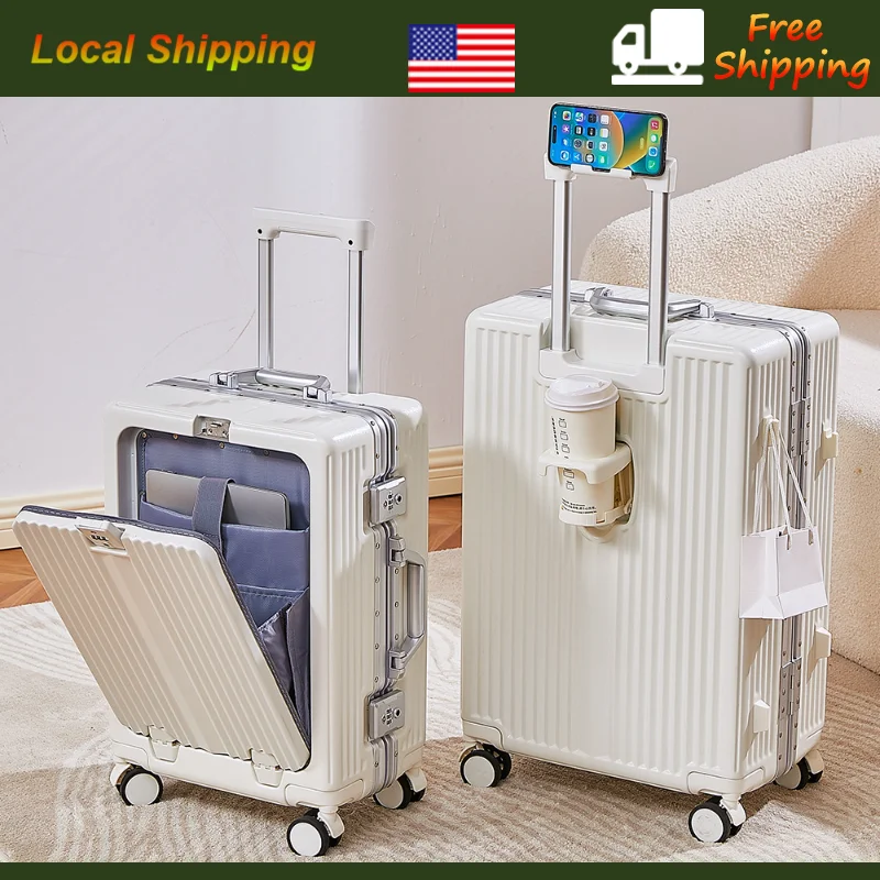 Front Opening Pocket Suitcase with Aluminum Alloy Frame Lock Trolley Bags Travel Rolling Luggage USB Charging Plug Spinner Wheel