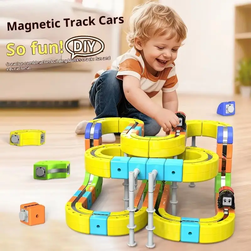 Conjunto de trem de construção magnética para crianças, brinquedos educativos STEM com fácil conexão, motor motorizado e veículos de jogo
