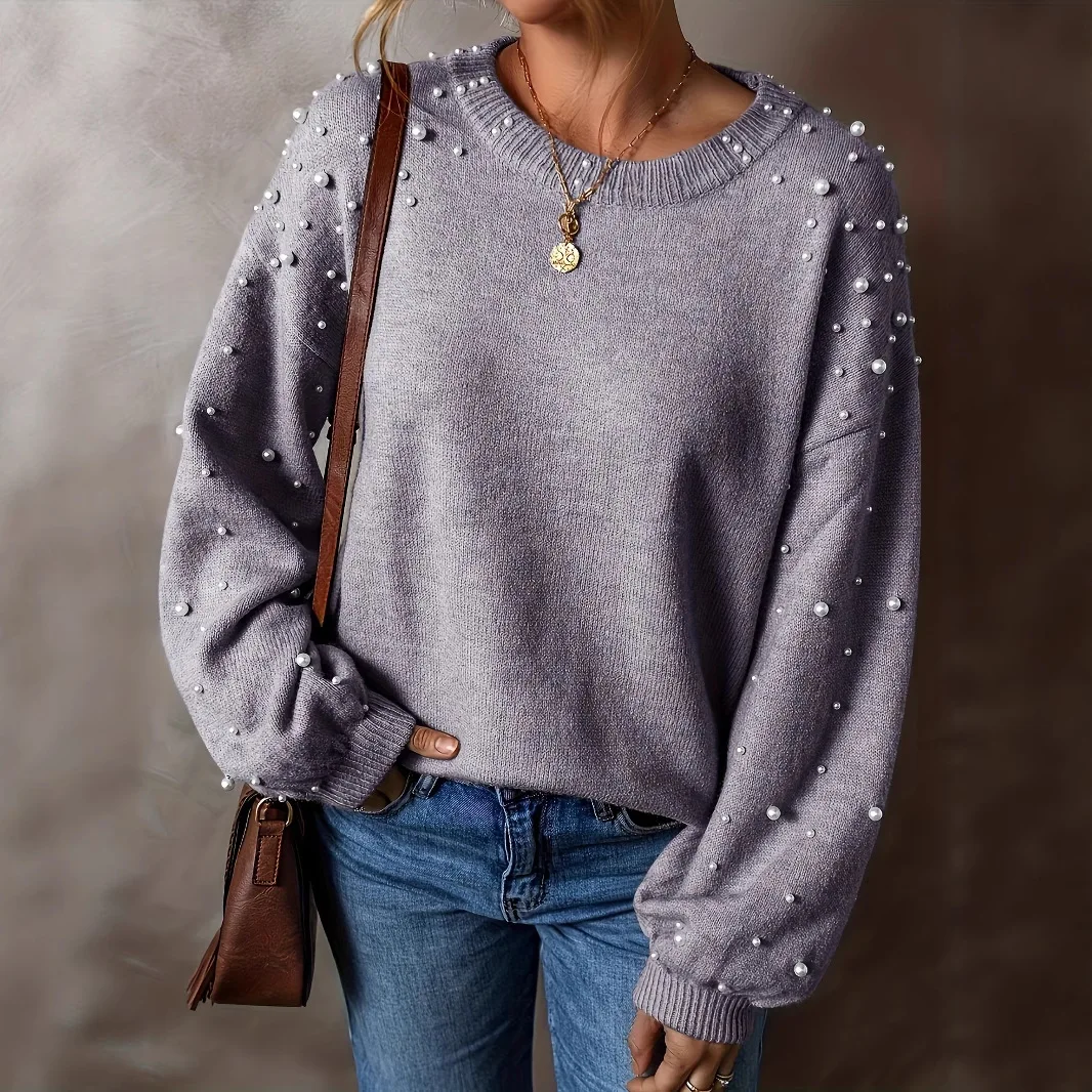 

Plus Size Sweater Elegant Pearl Knit Sweater Fashion Loose Long Sweater Chic Casual Autumn Pullover For Women Warm Cozy