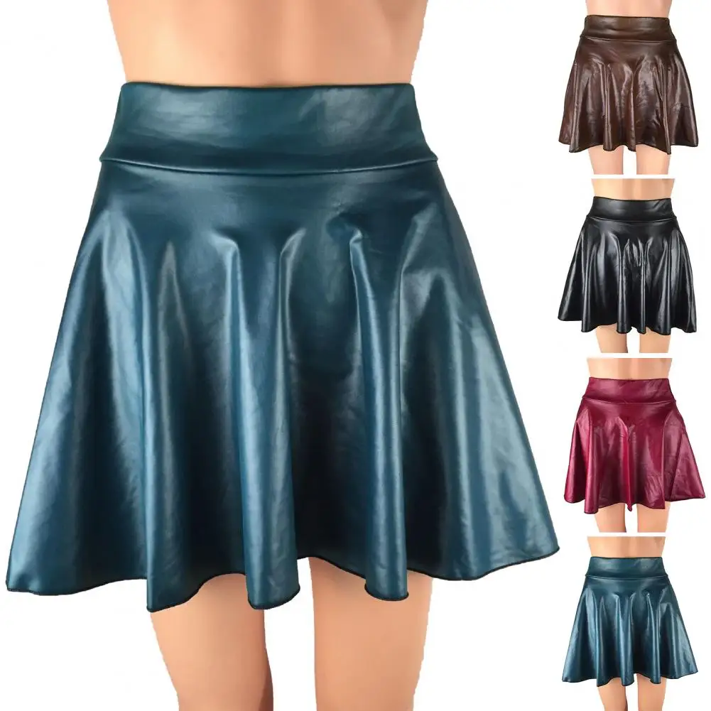 Women Mini Skirt Faux Leather Pleated Loose Hem Summer Skirt Solid Color High Waist Hidden Zipper Dress-up Club Skirt