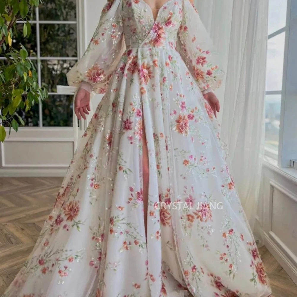 Exquisite Prom Dresses V Neck with Full Puffy Sleeves with Handmade Wildflowers A Line Sweep Train with Slit فساتين سهره