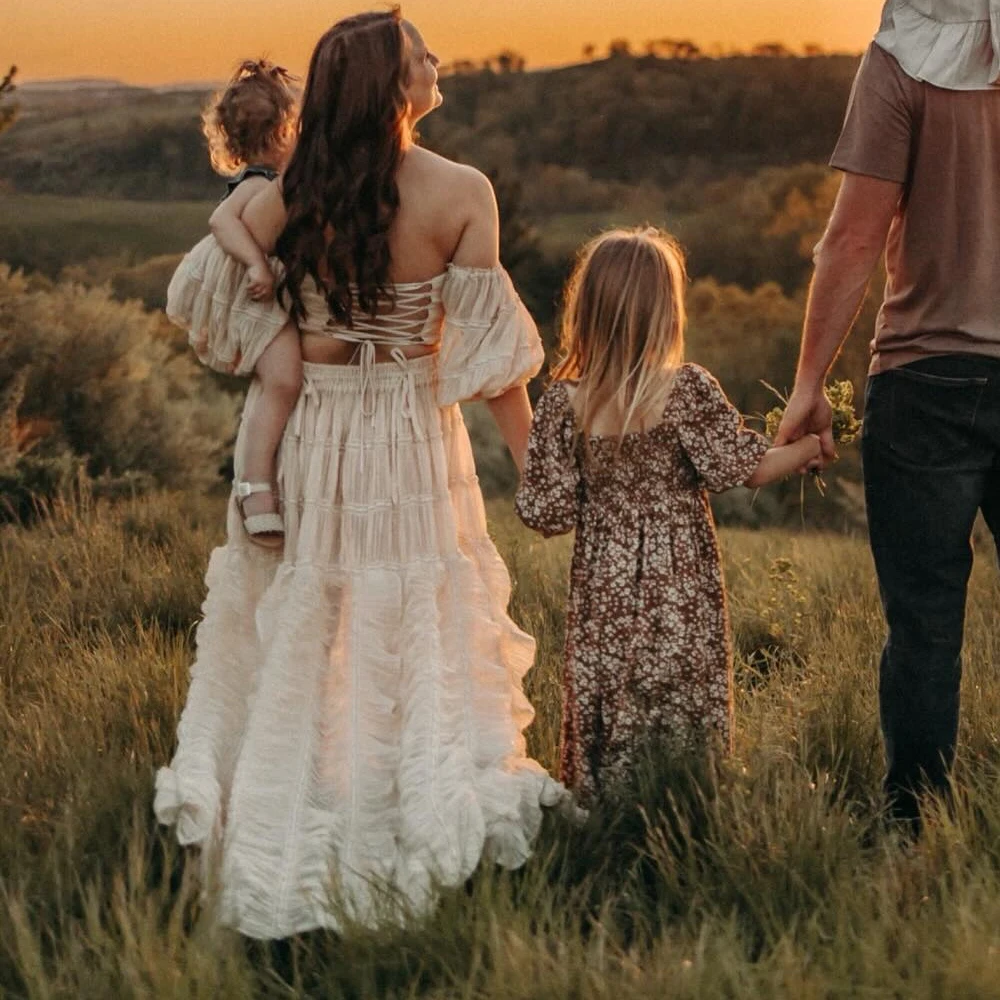 Vestidos maternidade para chuveiros de bebê, renda plissada de chiffon, manga comprida, vestido de duas peças para sessões fotográficas, vestido feminino de fotografia