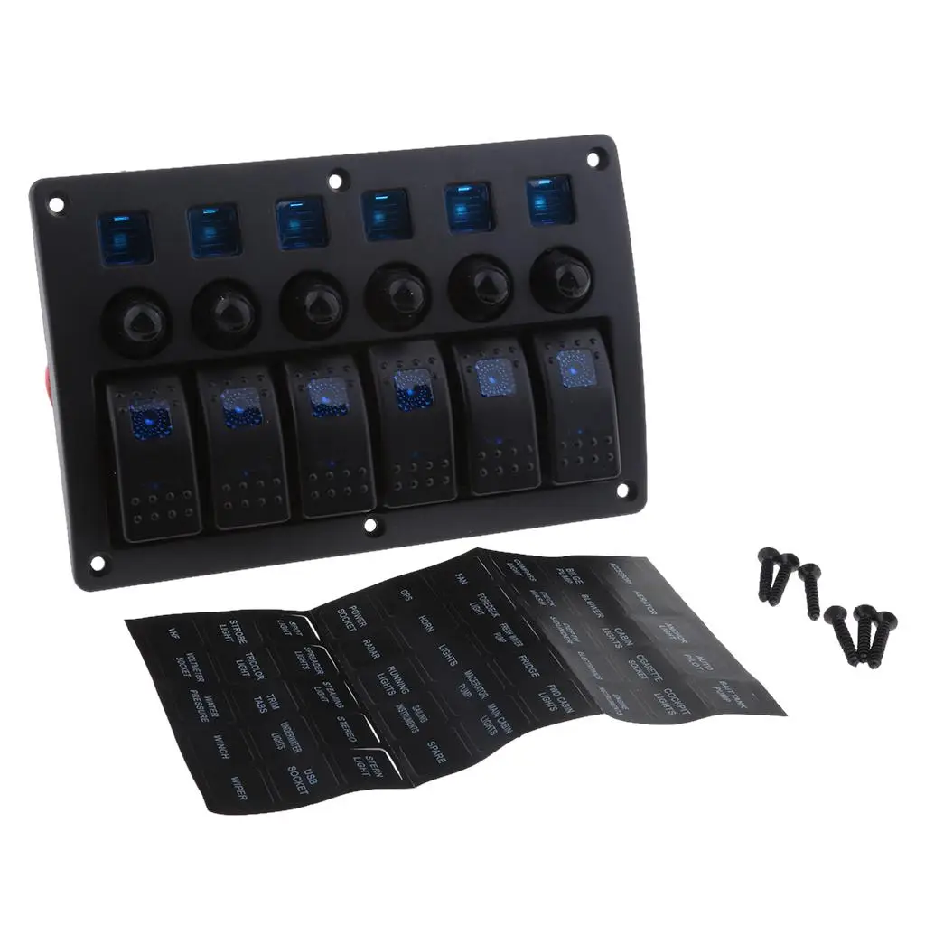 Waterproof 6 Gang 12-24V Car Boat Marine RV Rocker Switch Panel Blue LED