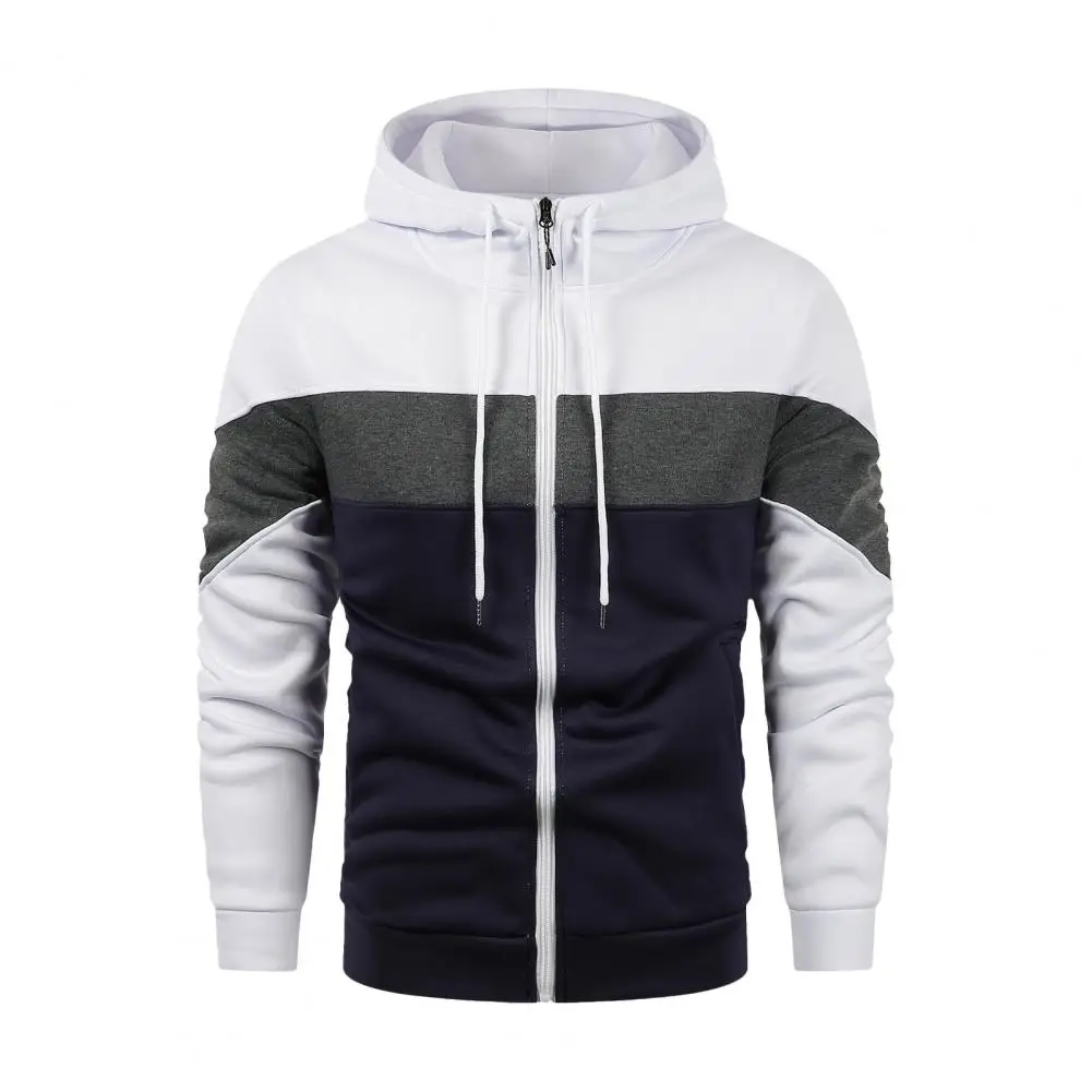 Hooded Zip-up Hoodie Men's Colorblock Zipper Hoodie with Drawstring Elastic Cuff Sporty Daily Wear Jacket for Autumn Spring