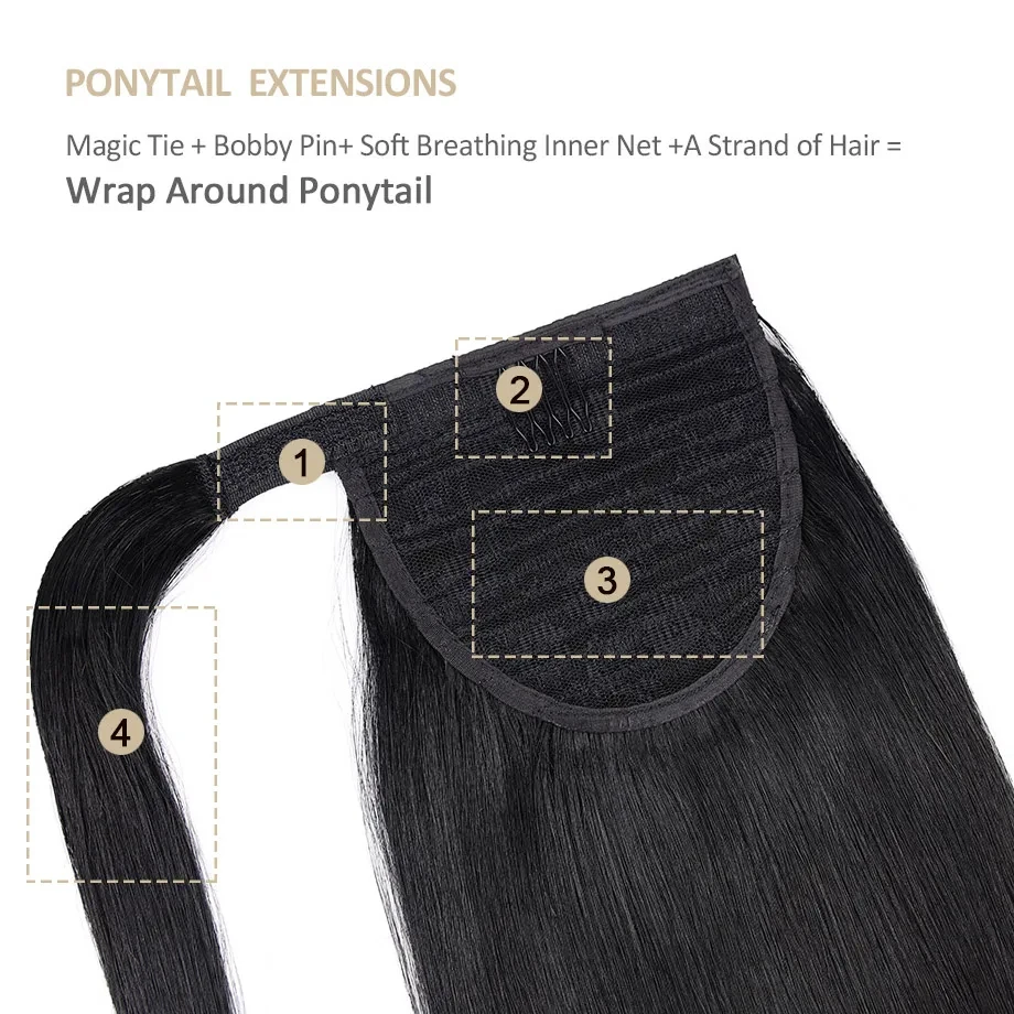 Ponytail Extension 100% Real Human Hair Ponytail Silky Straight Wrap Around Jet Black Clip in Ponytail Hair Extension For Woman