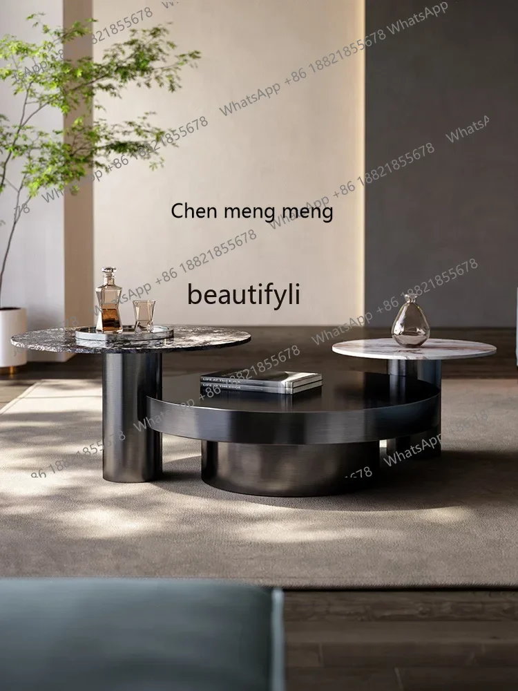 X لوحة حجرية إيطالية حجم طاولة القهوة مزيج ضوء دائري غرفة المعيشة الفاخرة ما بعد الحداثة الحد الأدنى الفولاذ المقاوم للصدأ